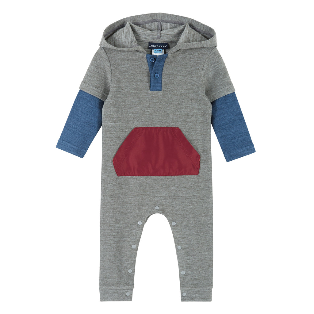 Infant Double Peached Colorblocked Hooded Romper  | Grey - Andy & Evan