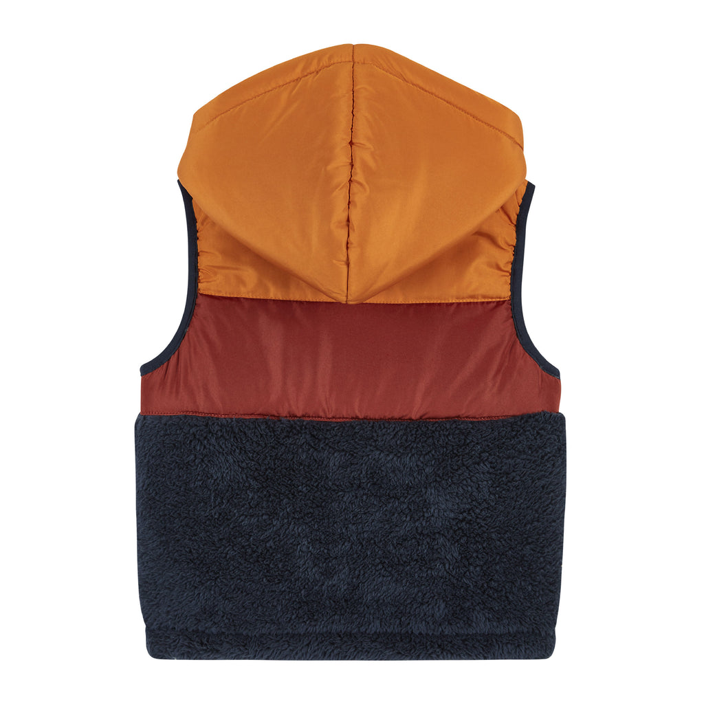 Burnt Orange & Navy Colorblocked Sherpa Puffer Vest  | Orange - Andy & Evan