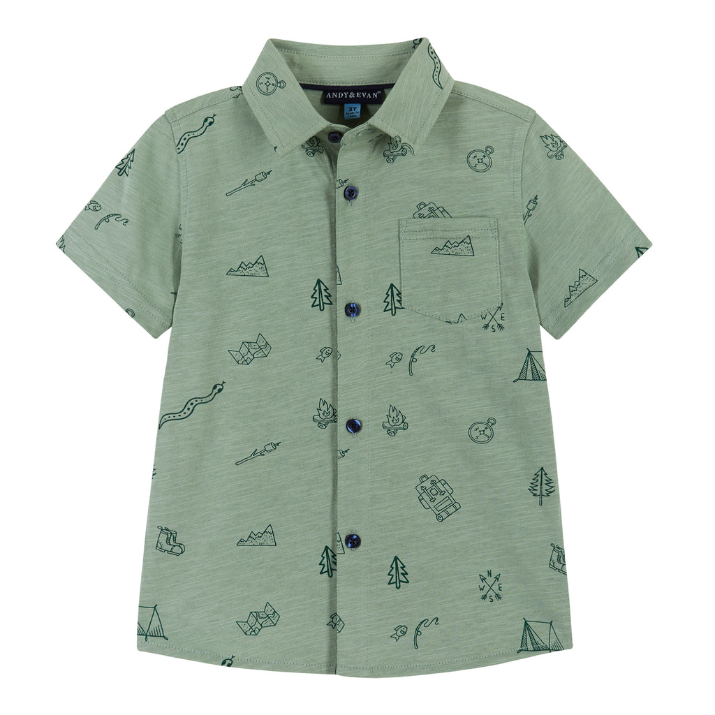 Short Sleeve Knit Buttondown Shirt | Outdoor Adventurer Print |Green - Andy & Evan