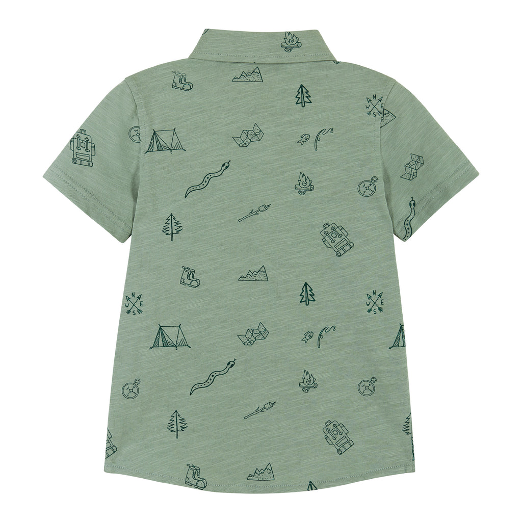 Short Sleeve Knit Buttondown Shirt | Outdoor Adventurer Print |Green - Andy & Evan
