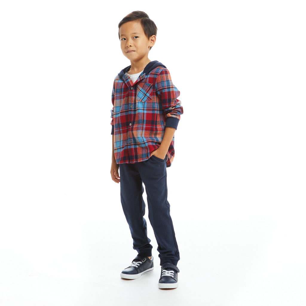 Navy & Red Plaid Hooded Flannel Buttondown Set  | Navy & Red - Andy & Evan