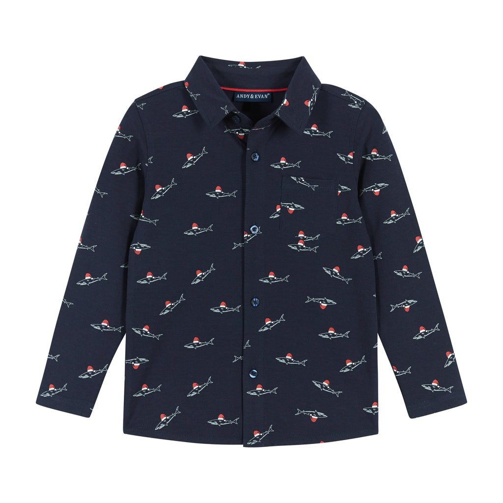 Infant Navy Holiday Sharks Knit Pique Buttondown Set  | Navy - Andy & Evan