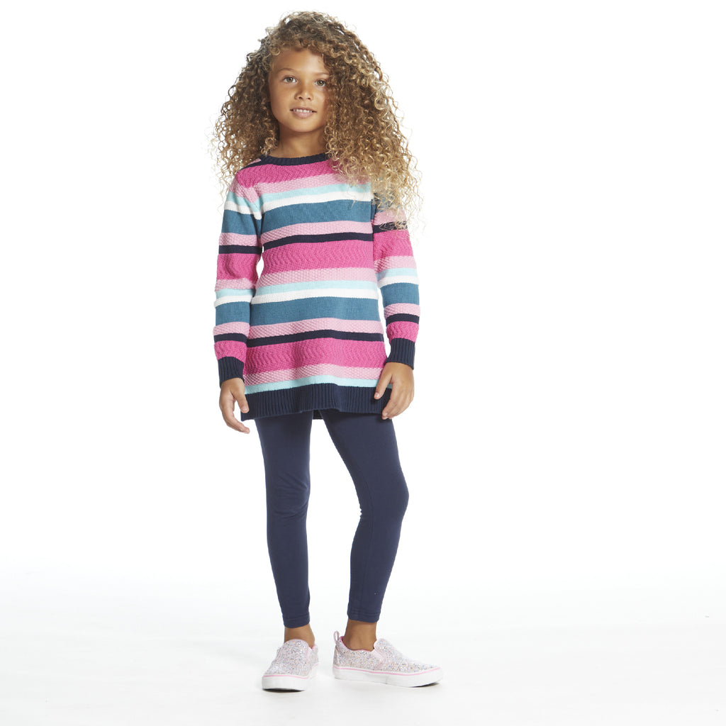 Girls Pink Navy Striped Knit Sweater Dress - Andy & Evan