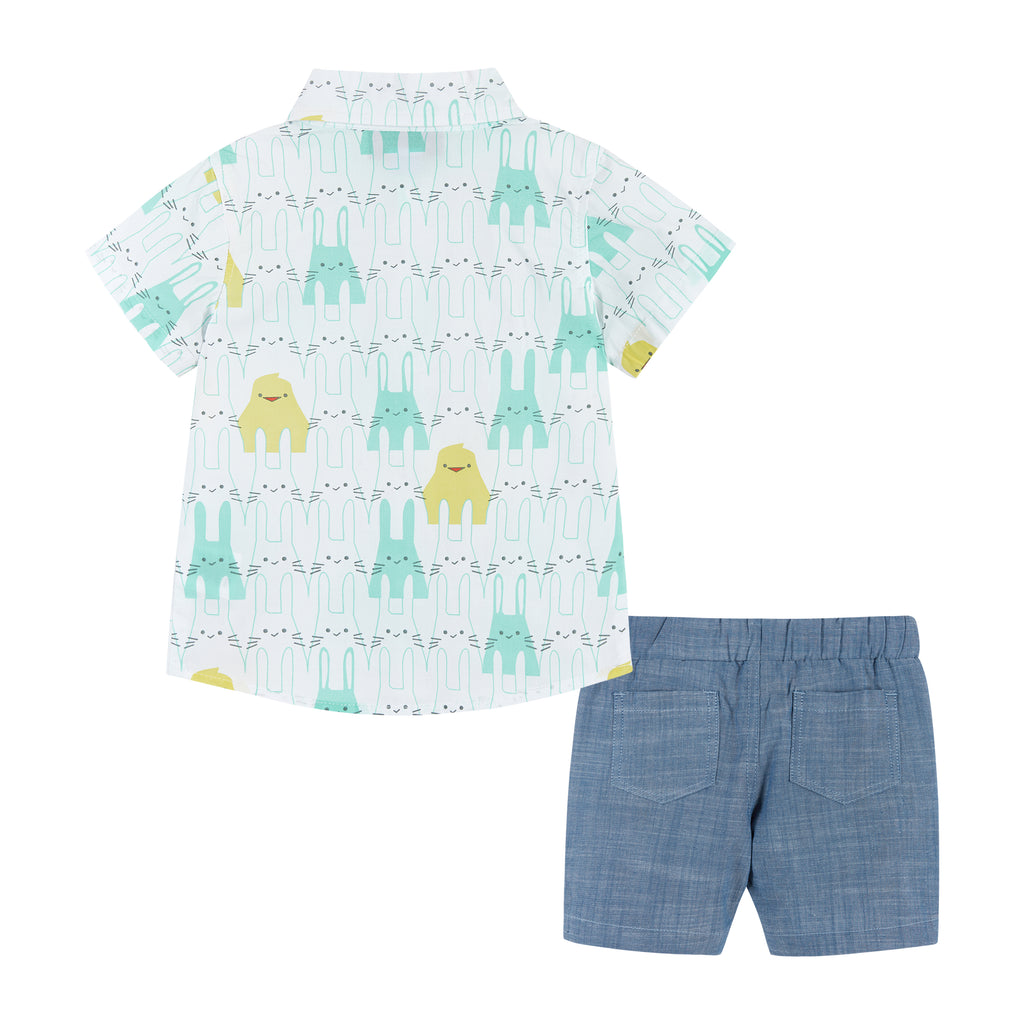 Baby Easter Animals Print Button-Up & Short Set | Blue - Andy & Evan