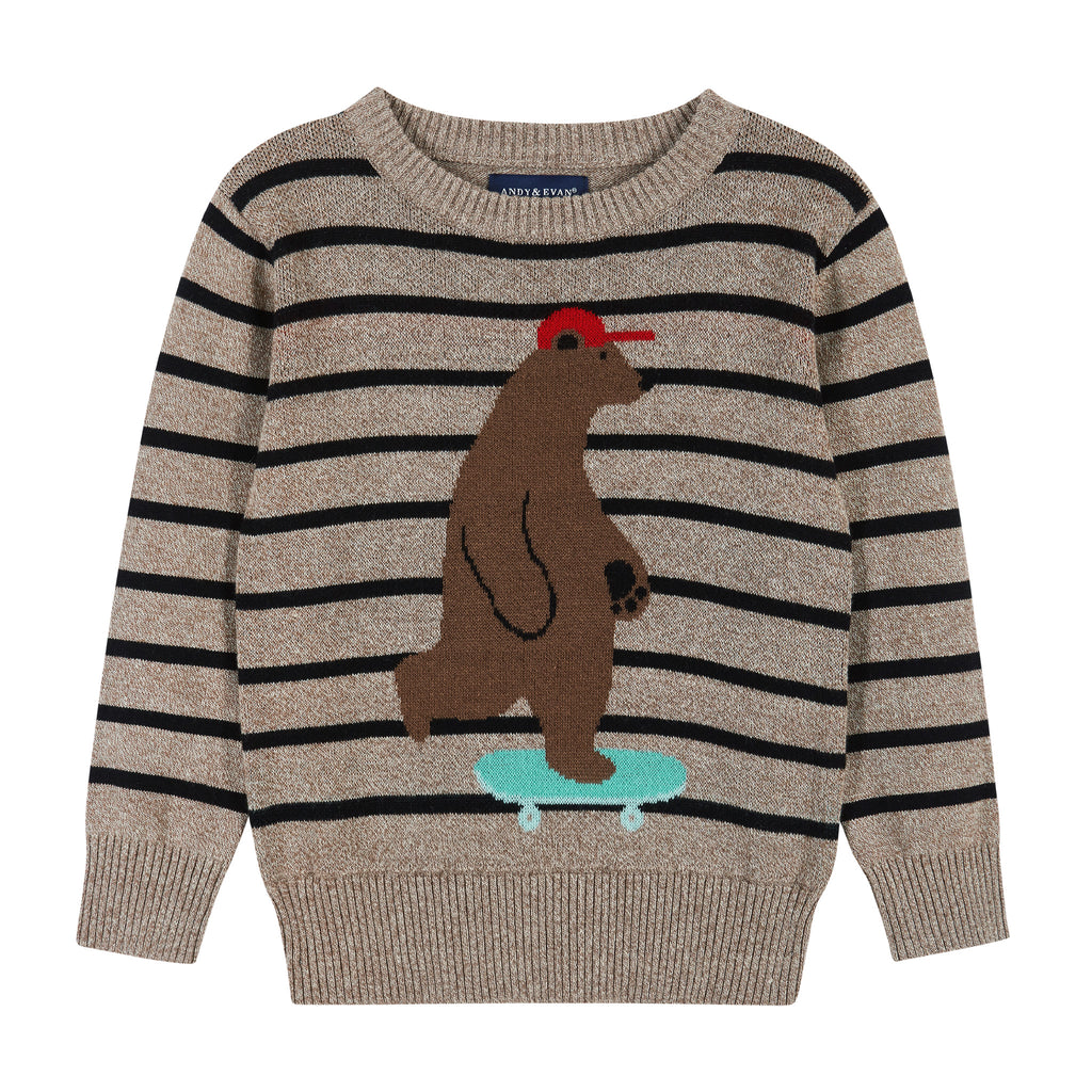 Brown Striped Skateboarding Bear Graphic Pullover Sweater  | Brown - Andy & Evan
