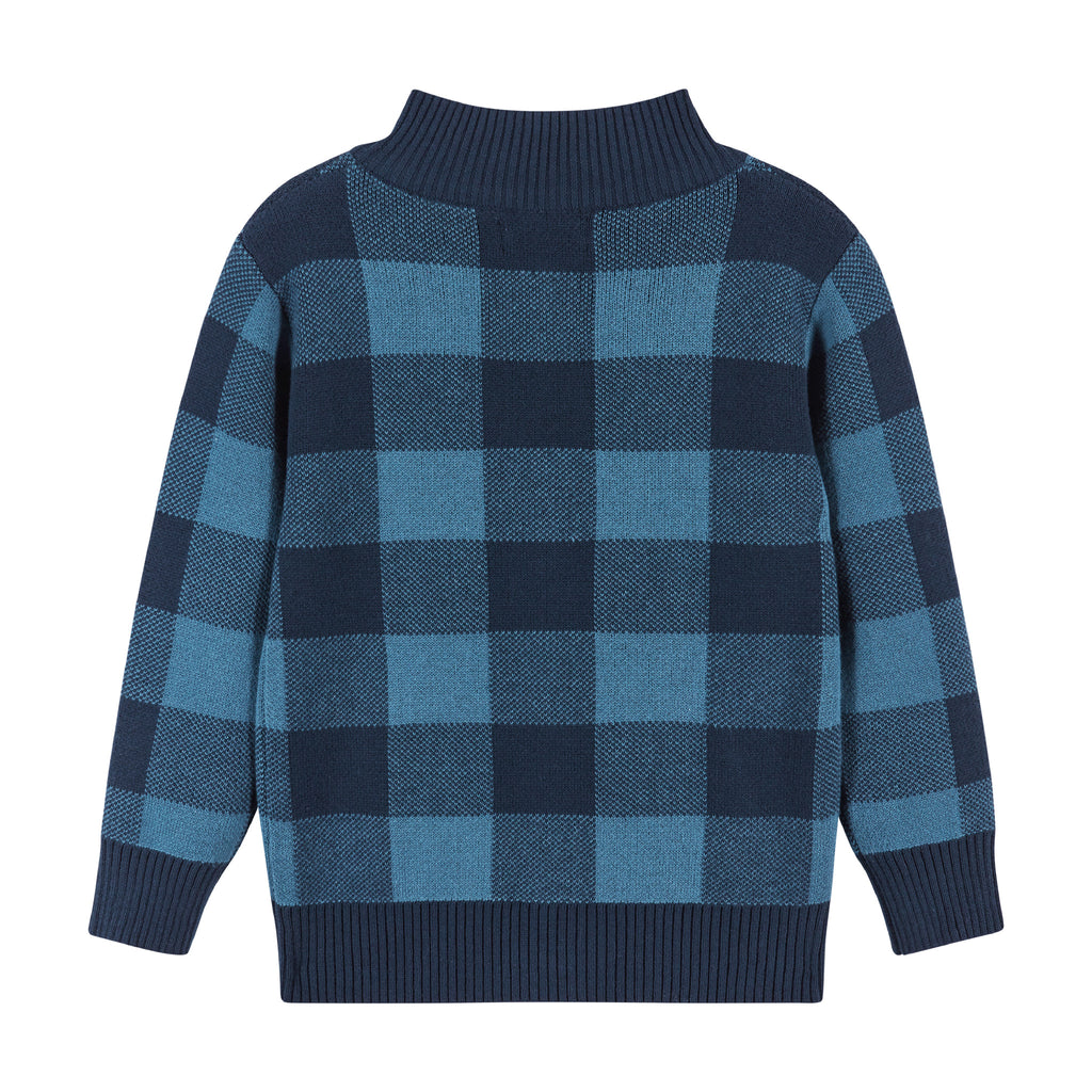 Buffalo Check Intarsia Sweater Zip-Up  | Navy - Andy & Evan