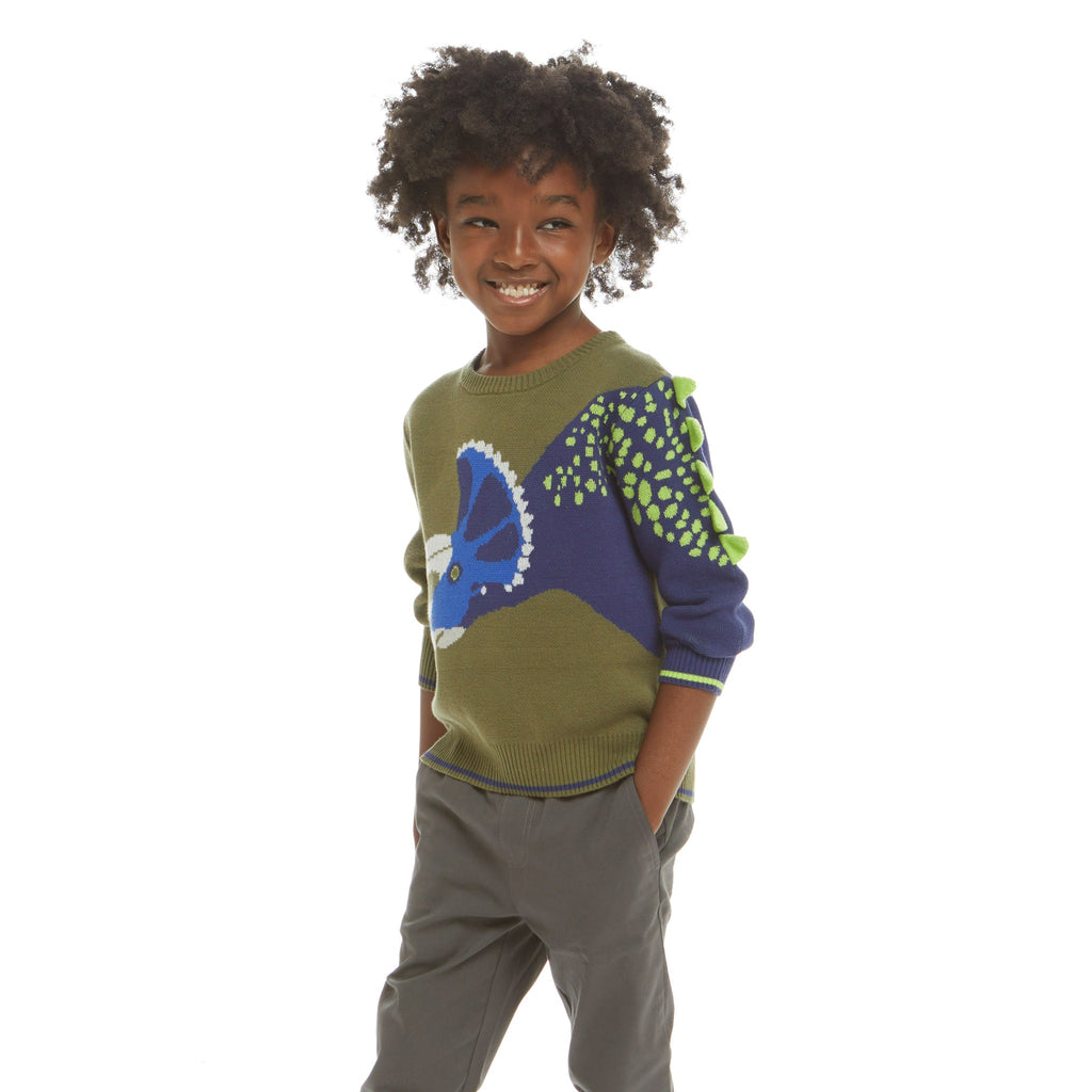 Olive Triceratops Intarsia Sweater  | Green - Andy & Evan