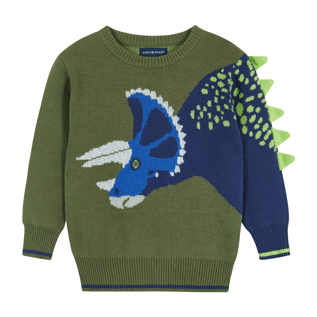 Olive Triceratops Intarsia Sweater  | Green - Andy & Evan