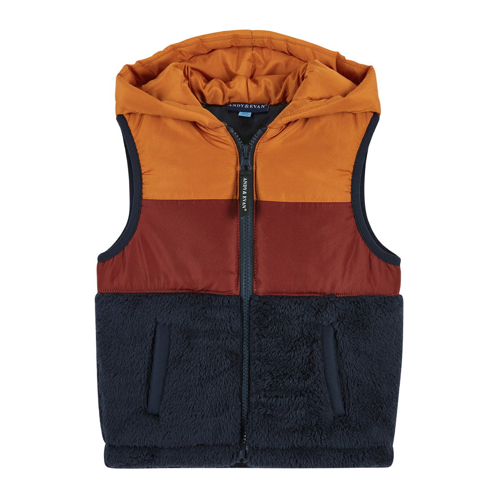 Infant Burnt Orange & Navy Colorblocked Sherpa Puffer Vest  | Orange - Andy & Evan