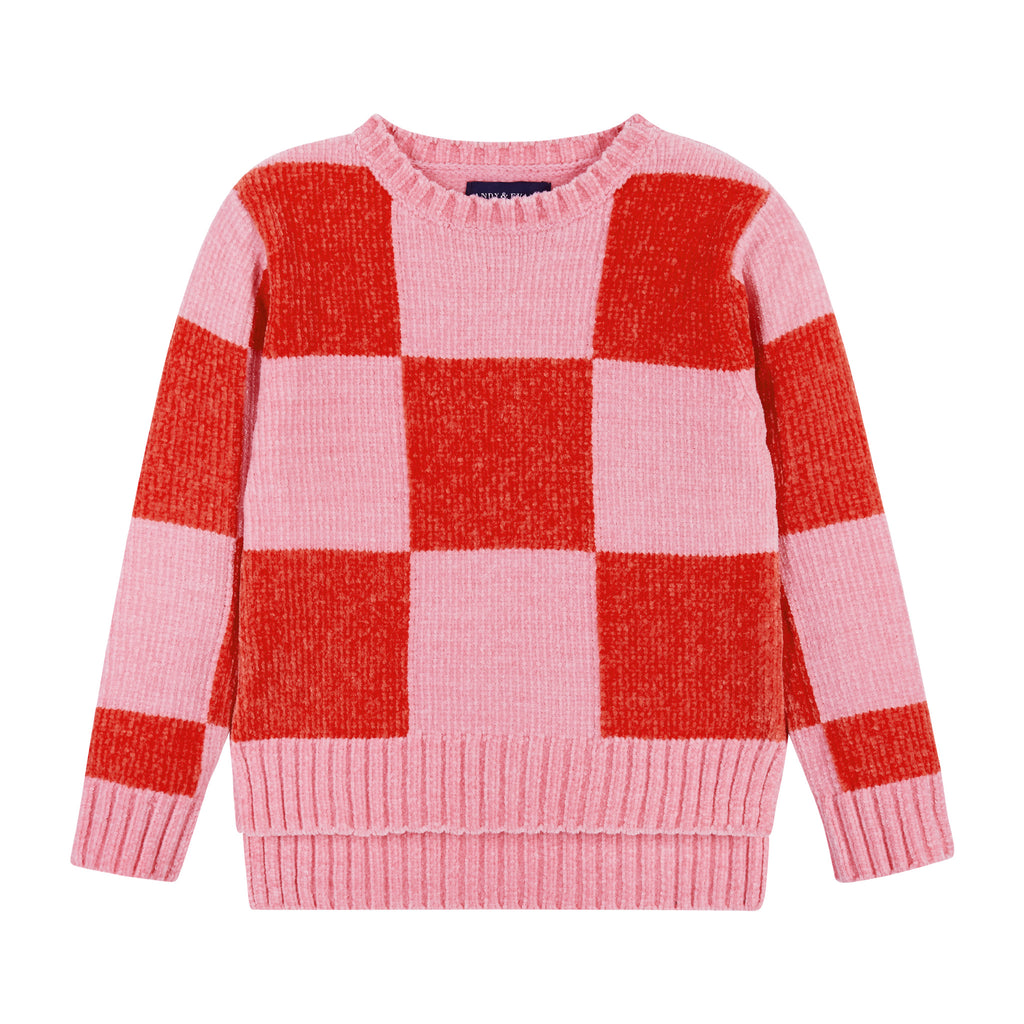 Chenille Checker Sweater | Pink & Red - Andy & Evan