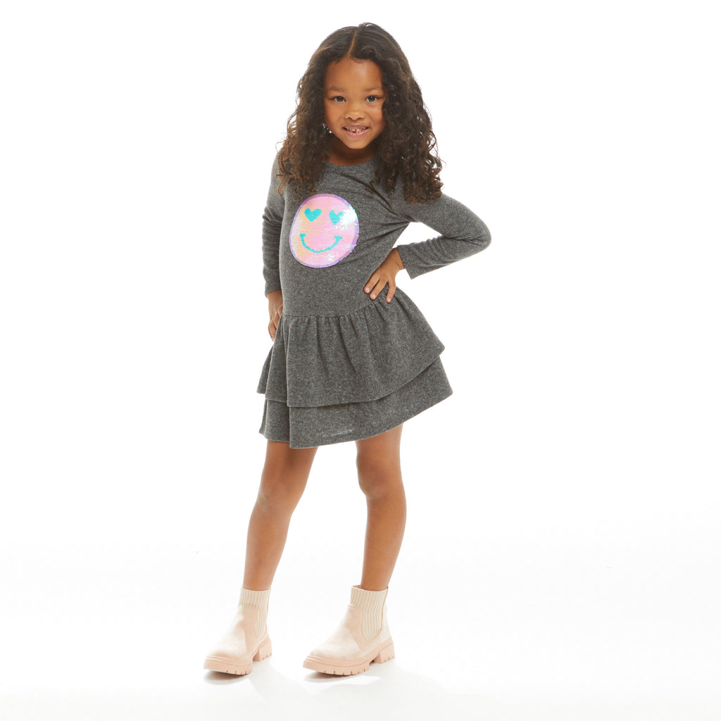 Hacci Flip Sequin Smiley Face Dress | Charcoal - Andy & Evan