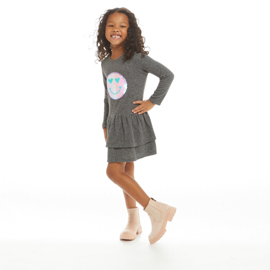 Hacci Flip Sequin Smiley Face Dress | Charcoal - Andy & Evan