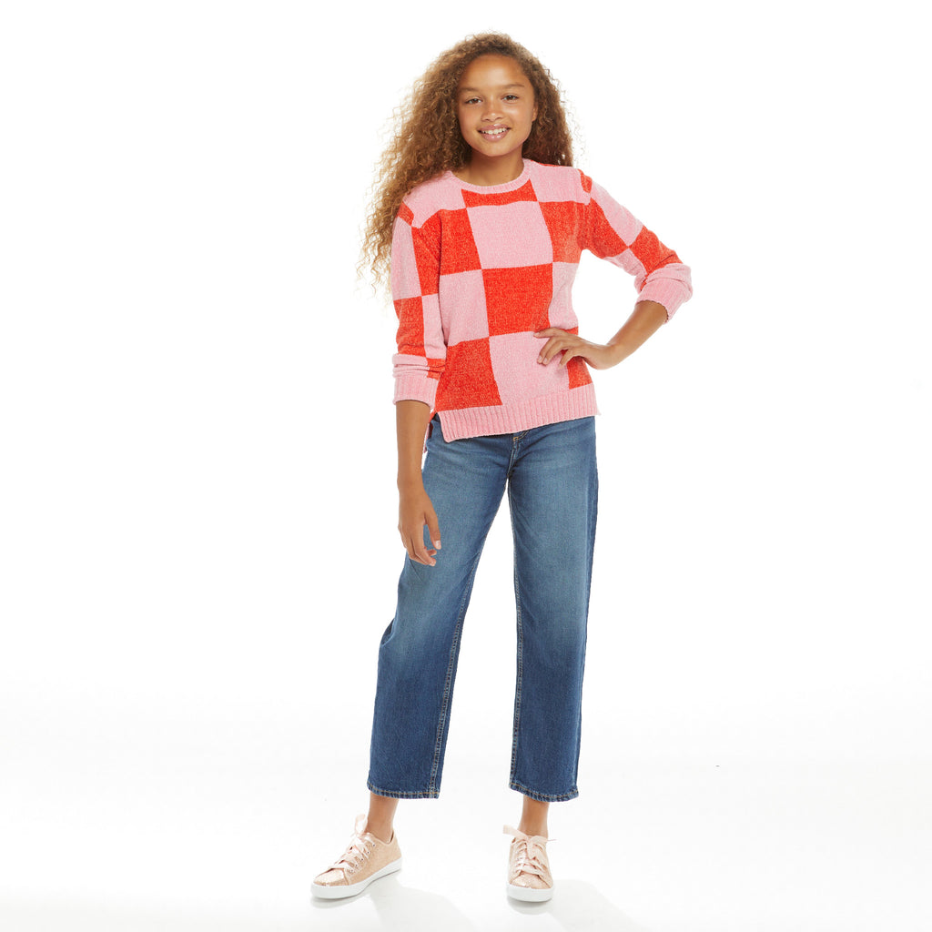 Chenille Checker Sweater | Pink & Red - Andy & Evan