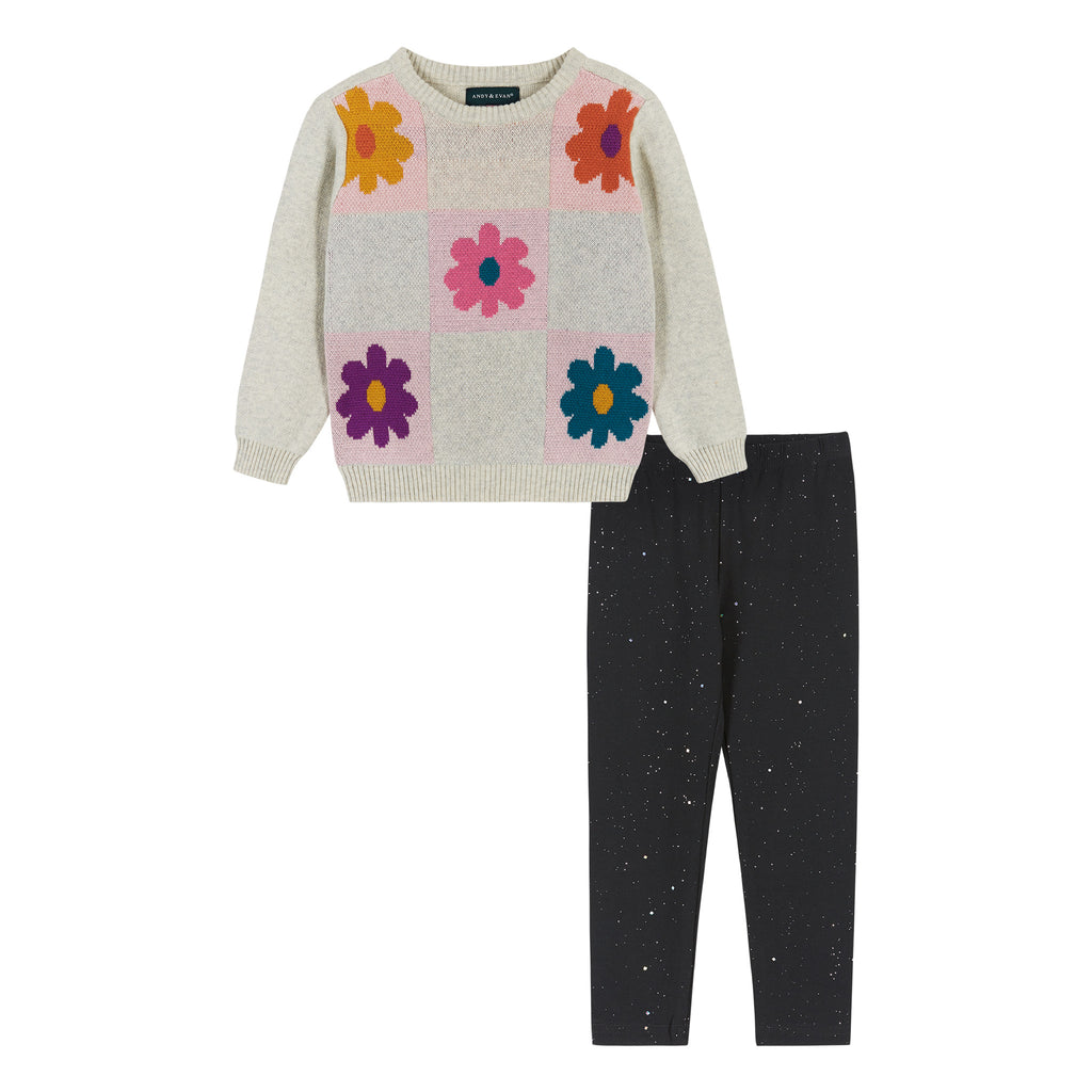 Infant Flower Checkerboard Sweater And Legging Set  | Navy - Andy & Evan