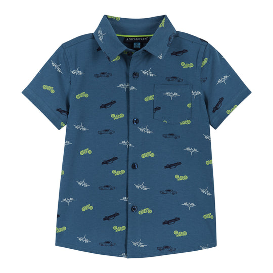 Short Sleeve Knit Buttondown Shirt | Vehicles Print | Blue