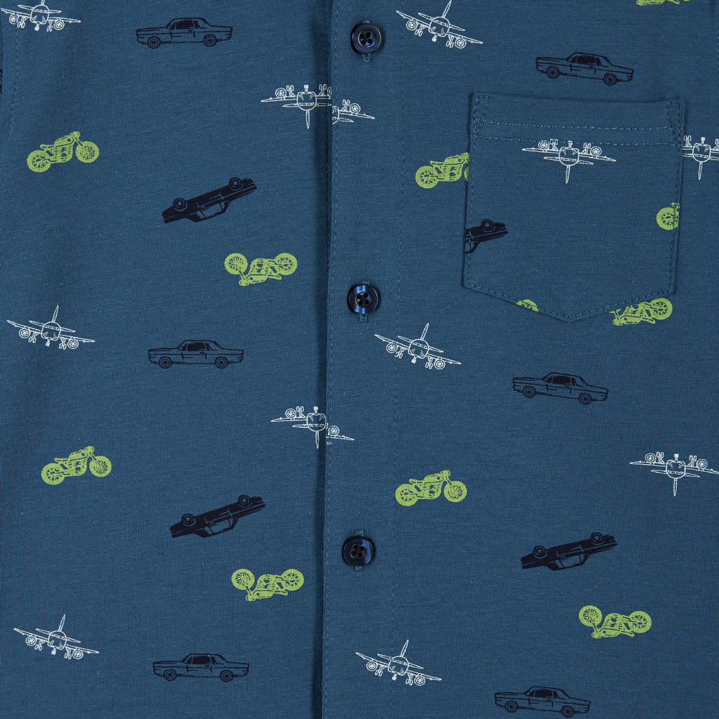 Short Sleeve Knit Buttondown Shirt | Vehicles Print | Blue - Andy & Evan