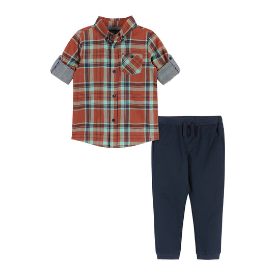Infant Rust Plaid Two-Faced Buttondown Set  | Red