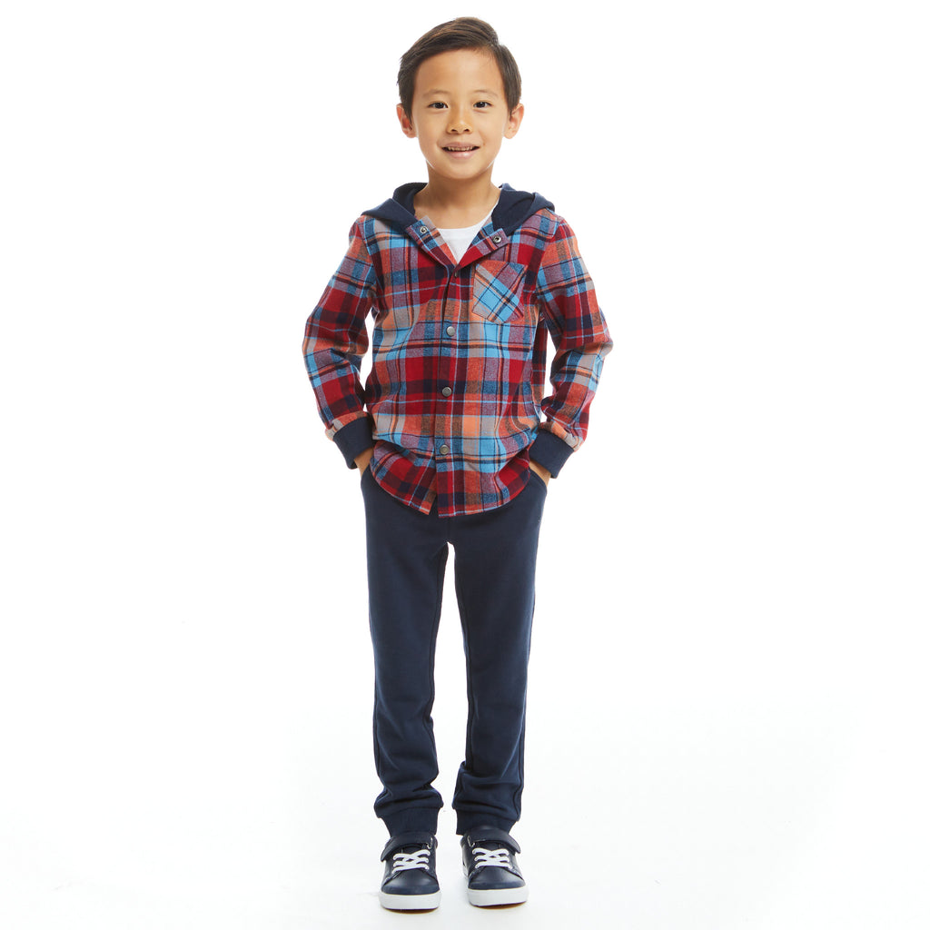 Navy & Red Plaid Hooded Flannel Buttondown Set  | Navy & Red - Andy & Evan