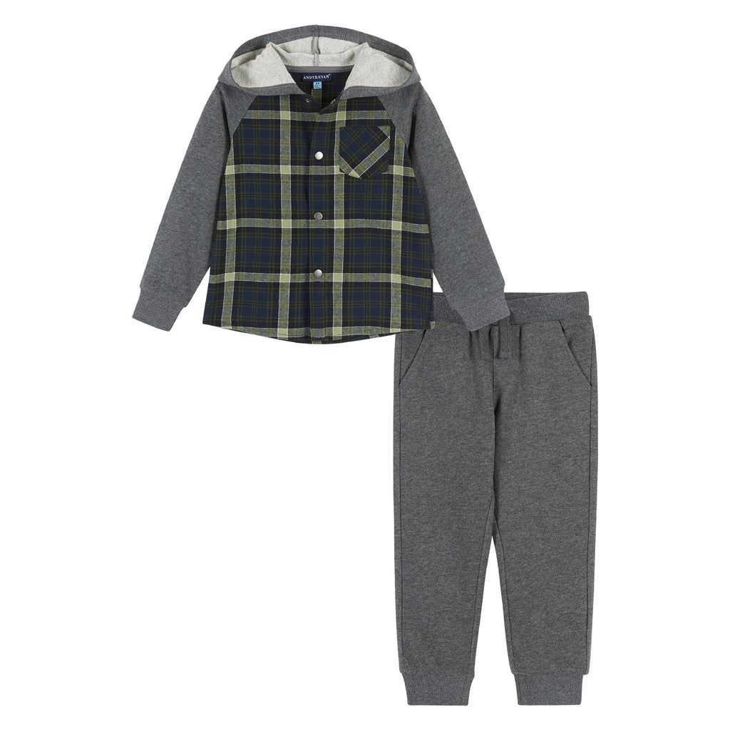 Infant Green Plaid Hooded Flannel Buttondown Set  | Green - Andy & Evan