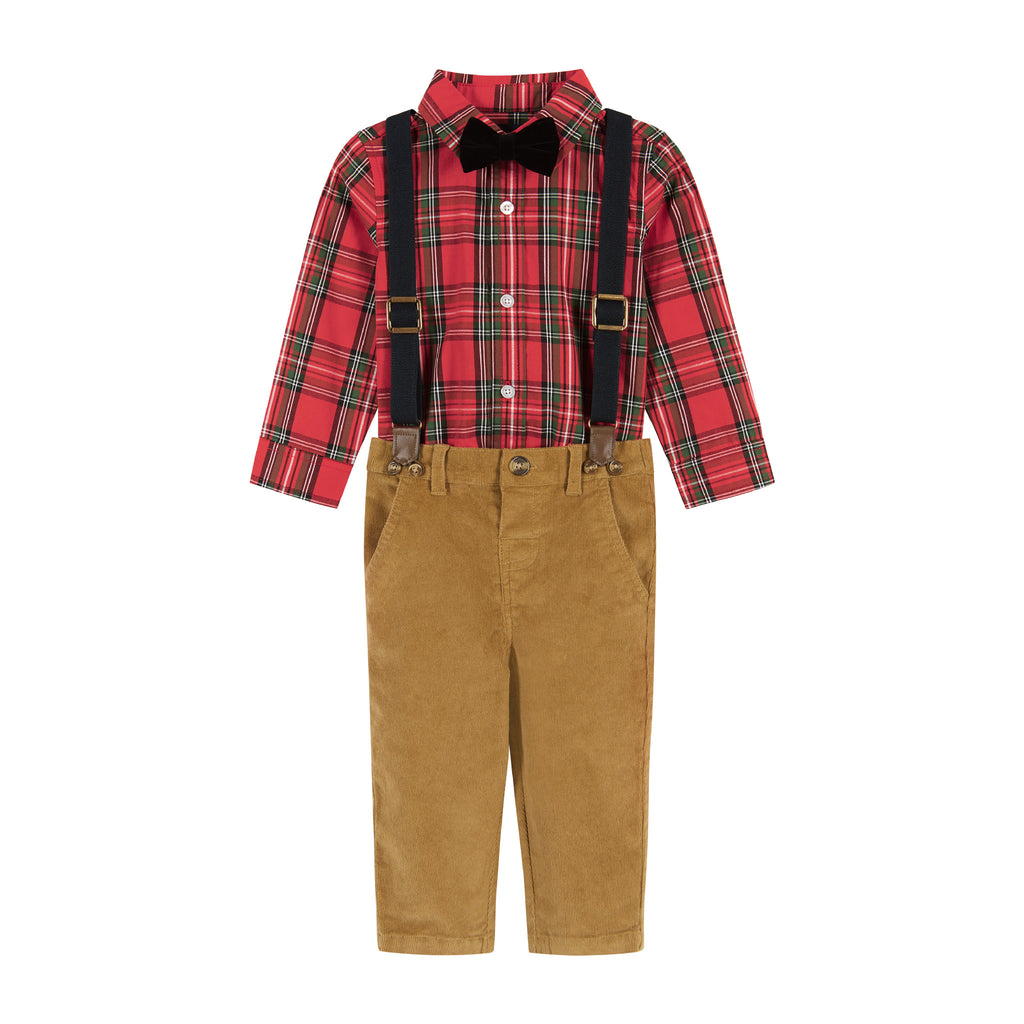 Infant Red Plaid Flannel Buttondown w/ Suspenders Set  | Red - Andy & Evan
