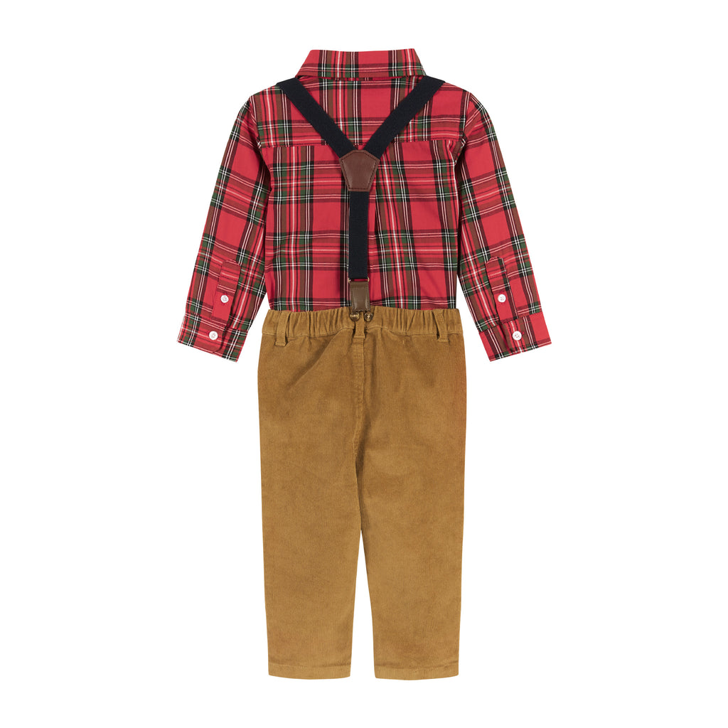 Infant Red Plaid Flannel Buttondown w/ Suspenders Set  | Red - Andy & Evan