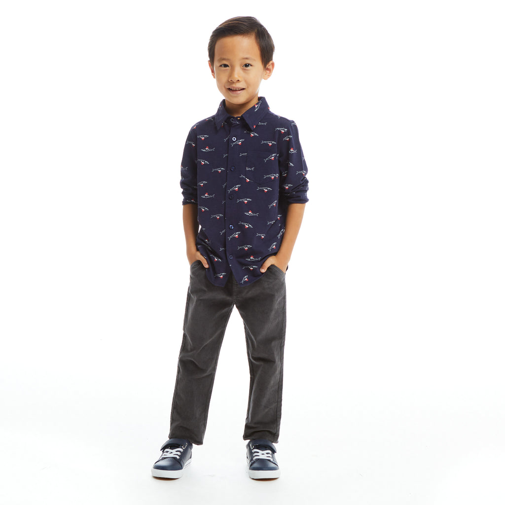 Navy Holiday Sharks Knit Pique Buttondown  | Navy - Andy & Evan