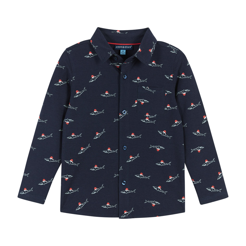 Navy Holiday Sharks Knit Pique Buttondown  | Navy - Andy & Evan