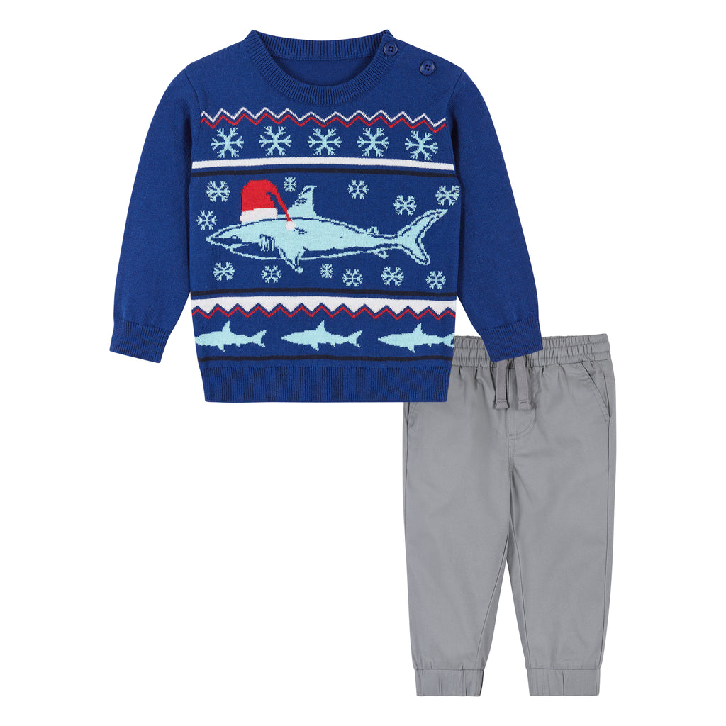 Infant Blue Shark Holiday Sweater Set | Navy - Andy & Evan