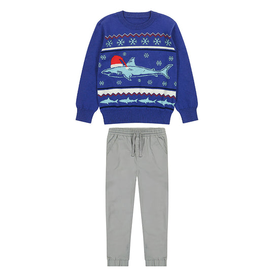 Festive Shark Holiday Sweater Set | Navy