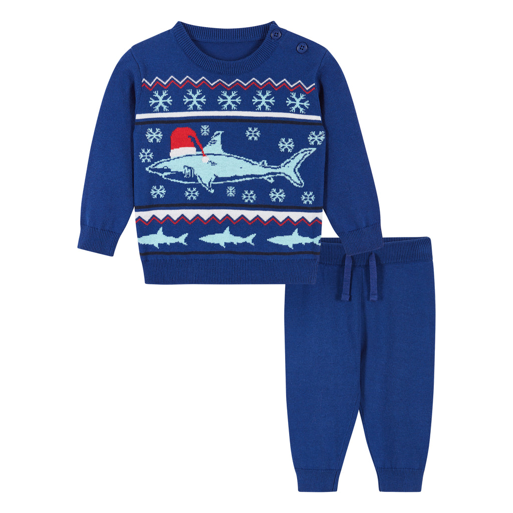Infant Blue Holiday Shark Sweater Set | Navy - Andy & Evan