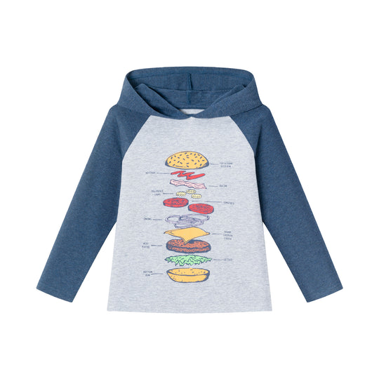 Kids Heather Grey/Navy Jersey Hooded Tee | Tasty Burger