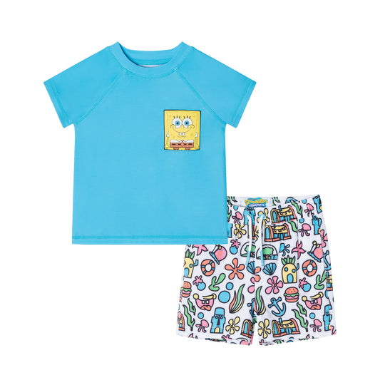 SpongeBob SquarePants™ x Andy & Evan® | Infant (9-12M) 3D Dot Pocket & Bikini Bottom Rash Guard Set