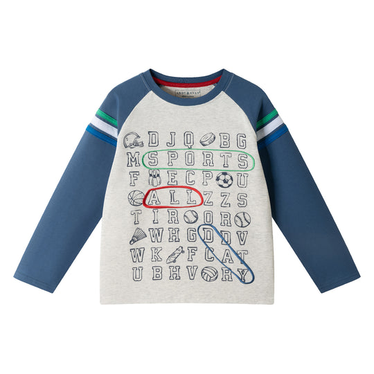 Kids Long Sleeve Raglan Color Blocked Alphabet Tee | Grey Alphabet