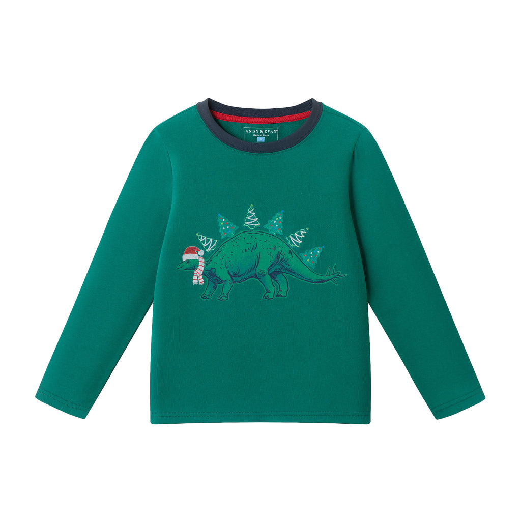 Kids Holiday Dino Long Sleeve Tee | Green Stegosaurus - Andy & Evan