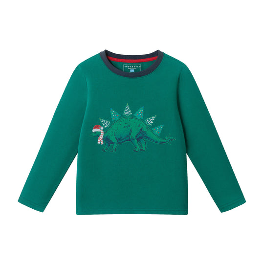Kids Holiday Dino Long Sleeve Tee | Green Stegosaurus