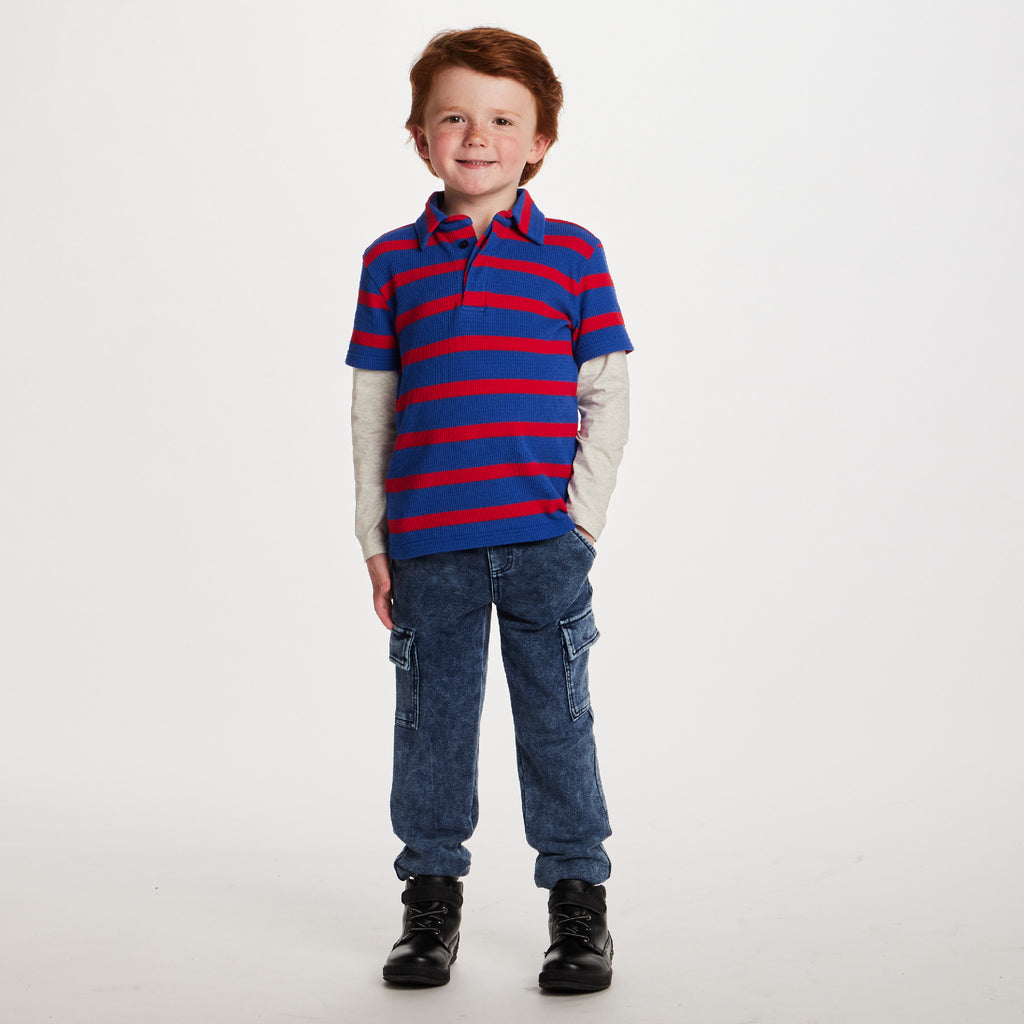 Kids Long Sleeve Waffle Polo | Rugby Stripe - Andy & Evan