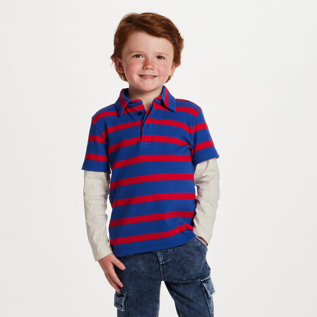 Kids Long Sleeve Waffle Polo | Rugby Stripe - Andy & Evan
