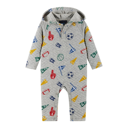 Infant Hooded Baby Romper | Beige Varsity