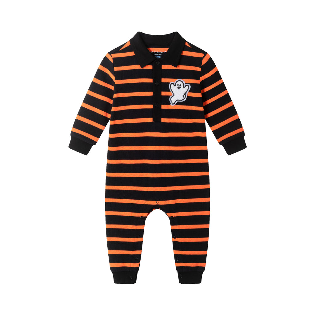 Infant Rugby Stripe Halloween Romper W/Ghost Patch | Black Ora Strp - Andy & Evan