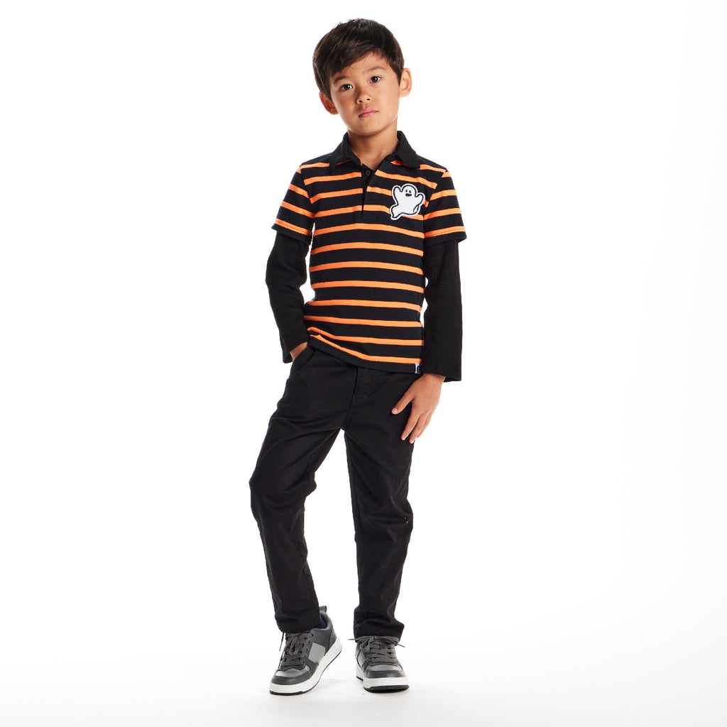 Kids Halloween Rugby Polo | Ghost Patch (Black/Orange) - Andy & Evan