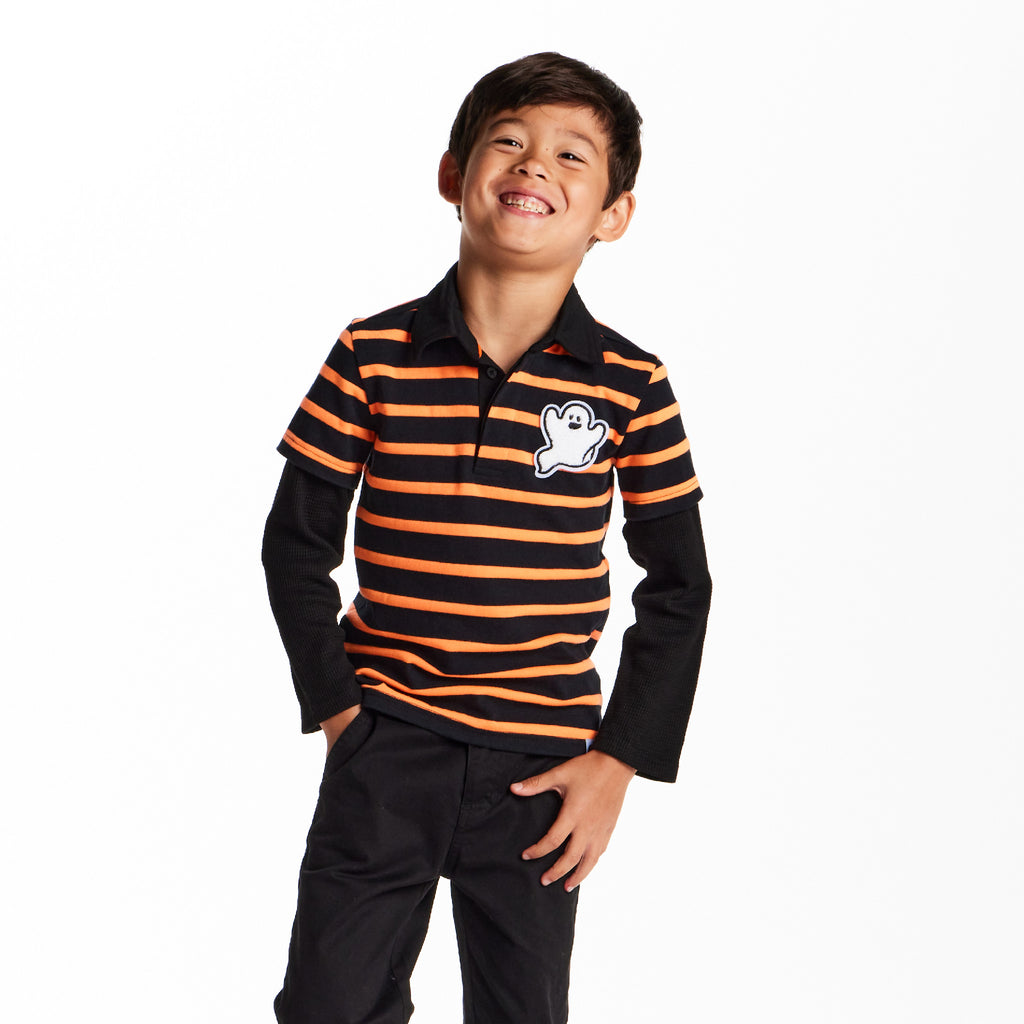 Kids Halloween Rugby Polo | Ghost Patch (Black/Orange) - Andy & Evan