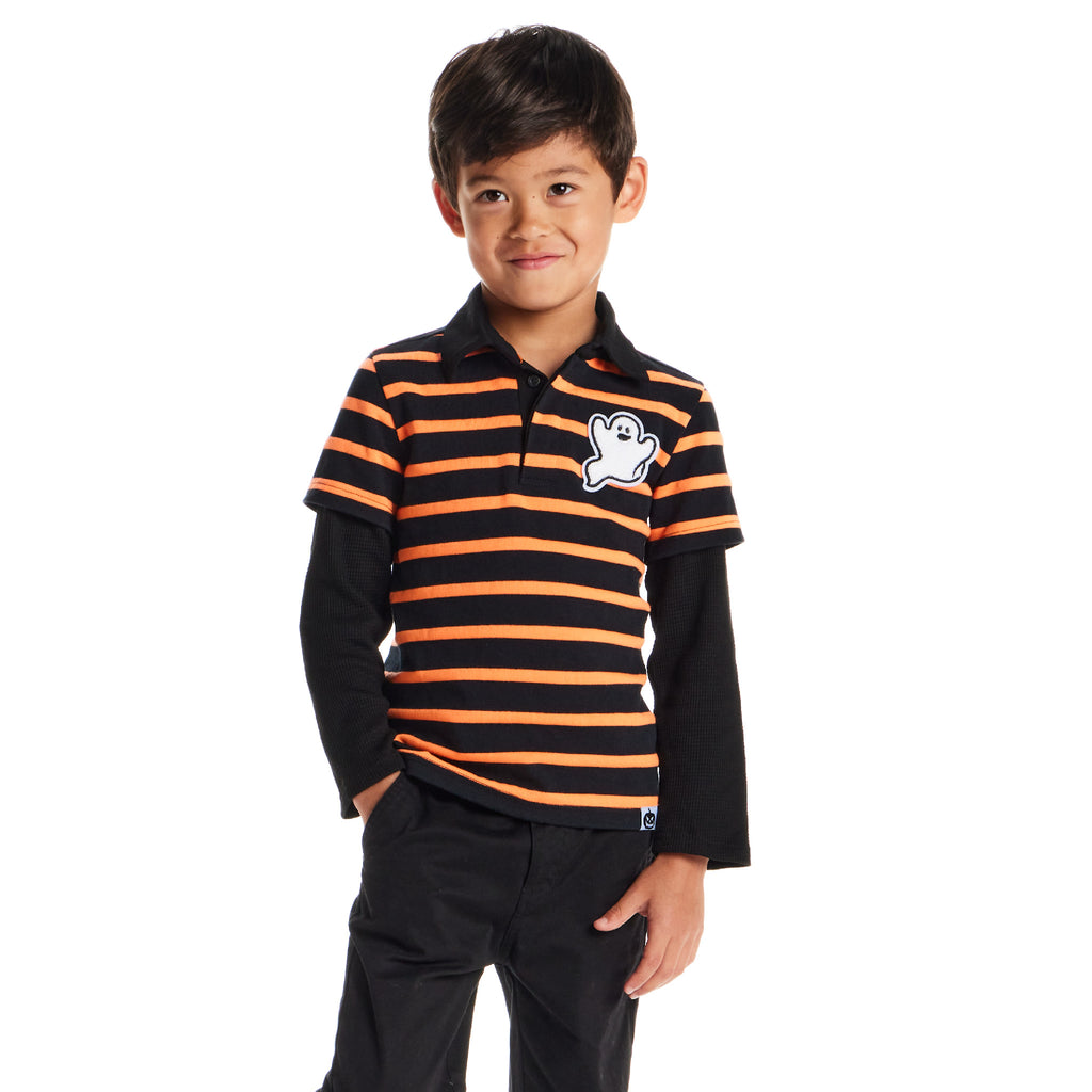 Kids Halloween Rugby Polo | Ghost Patch (Black/Orange) - Andy & Evan
