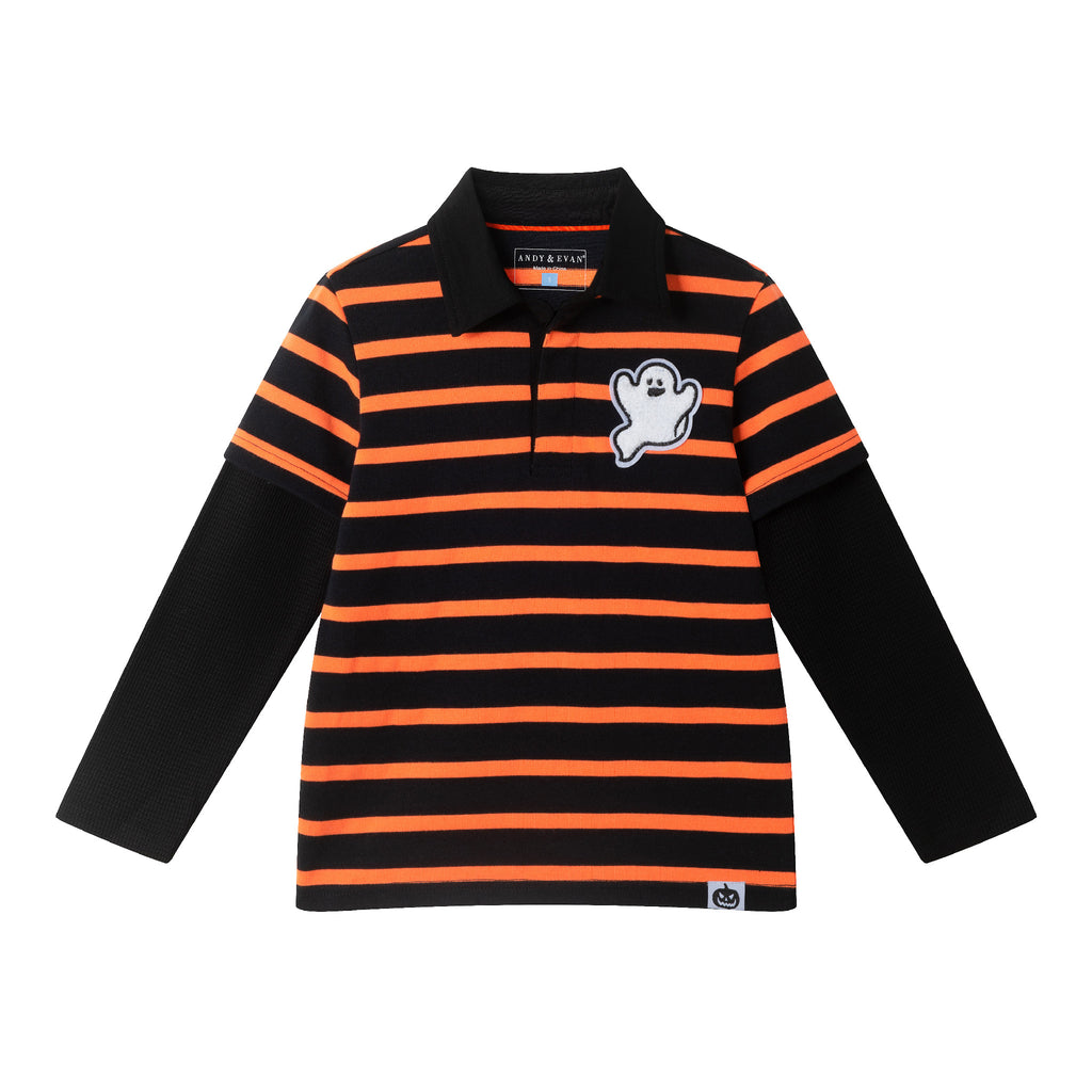 Kids Halloween Rugby Polo | Ghost Patch (Black/Orange) - Andy & Evan