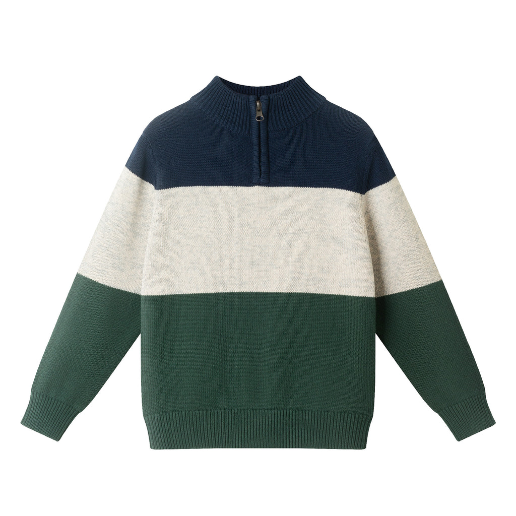 Kids Colorblocked Quarter Zip Sweater | Green Stripe - Andy & Evan