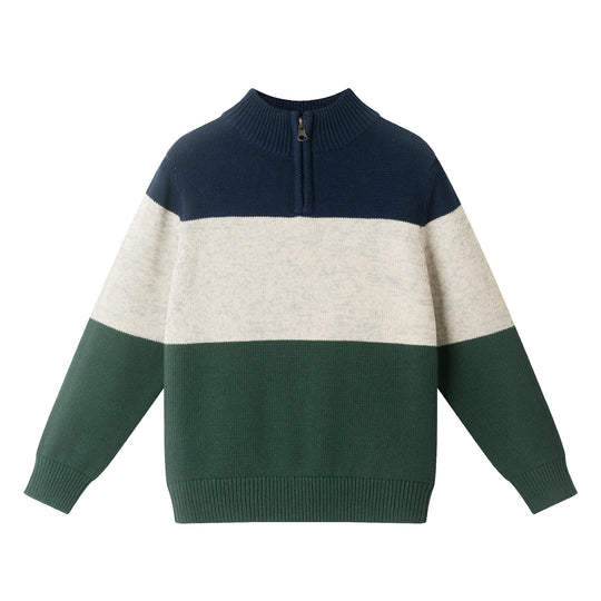 Kids Colorblocked Quarter Zip Sweater | Green Stripe
