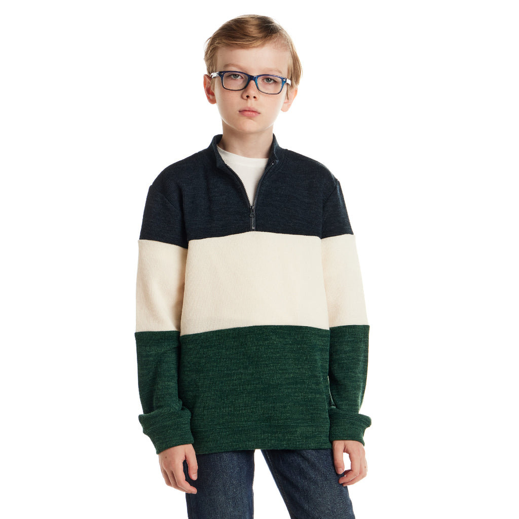 Kids Colorblocked Quarter Zip Sweater | Green Stripe - Andy & Evan