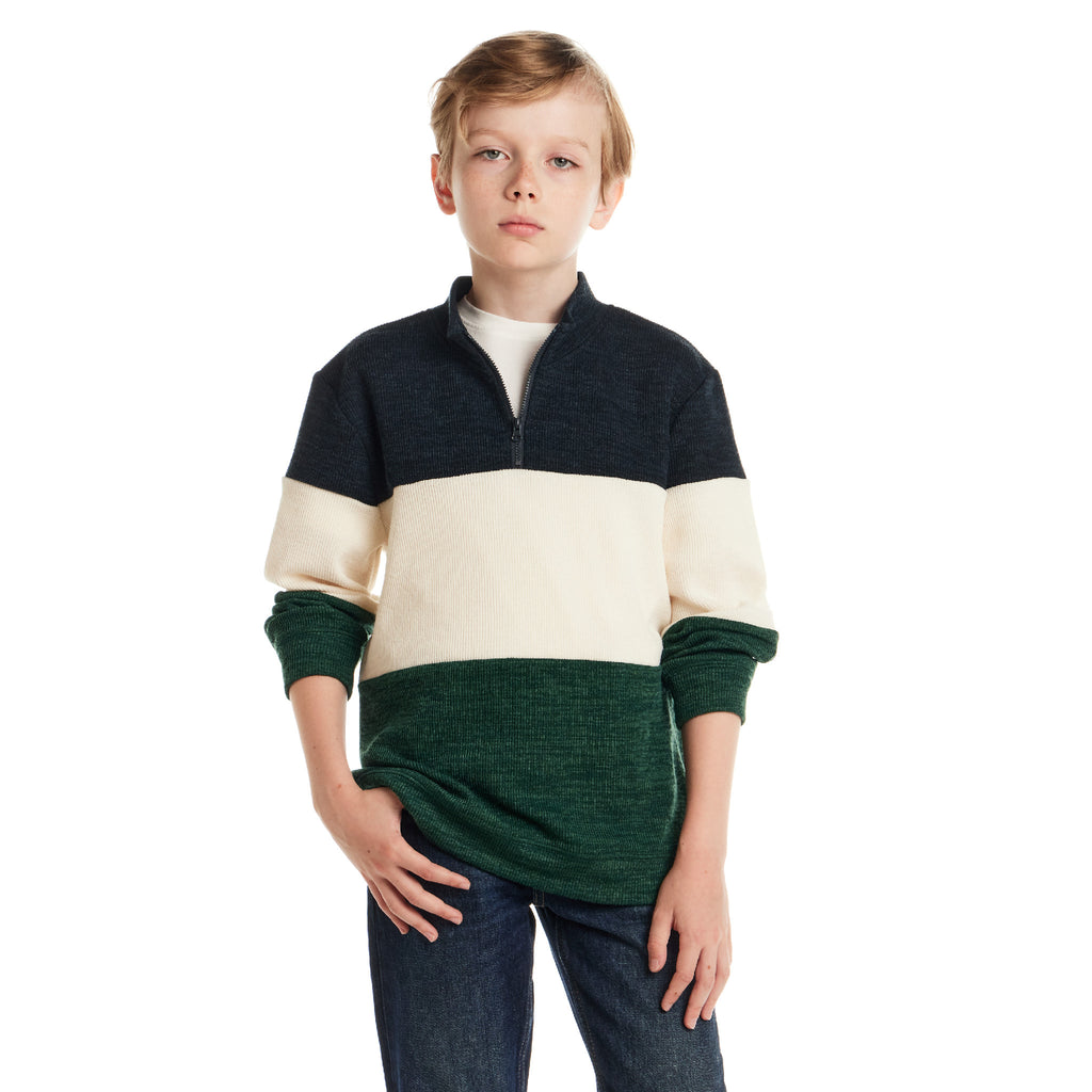 Kids Colorblocked Quarter Zip Sweater | Green Stripe - Andy & Evan