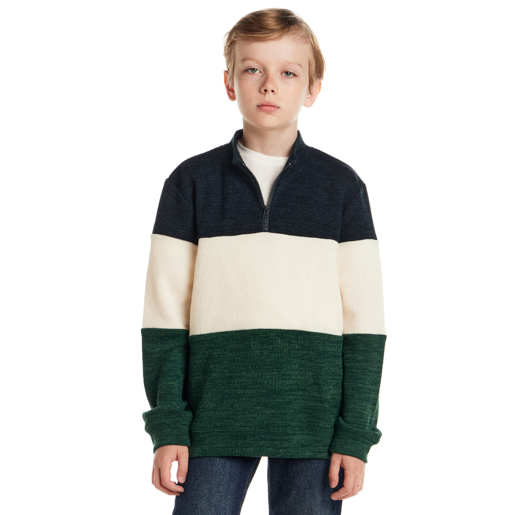 Kids Colorblocked Quarter Zip Sweater | Green Stripe - Andy & Evan