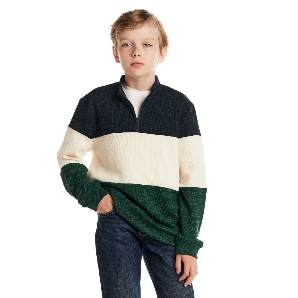 Kids Colorblocked Quarter Zip Sweater | Green Stripe - Andy & Evan