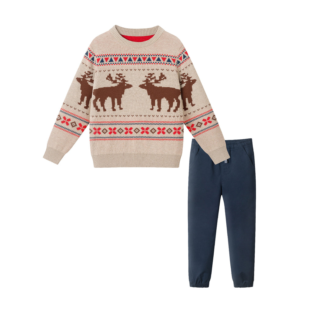 Kids Fair Isle Sweater & Twill Pant Set | Moose Motif - Andy & Evan